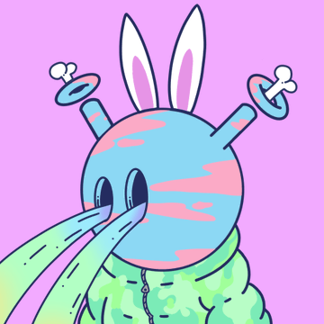 A digital illustration of a cute blue character with rabbit-like ears and antenna-shaped protrusions, wearing a green sweater on a purple background.