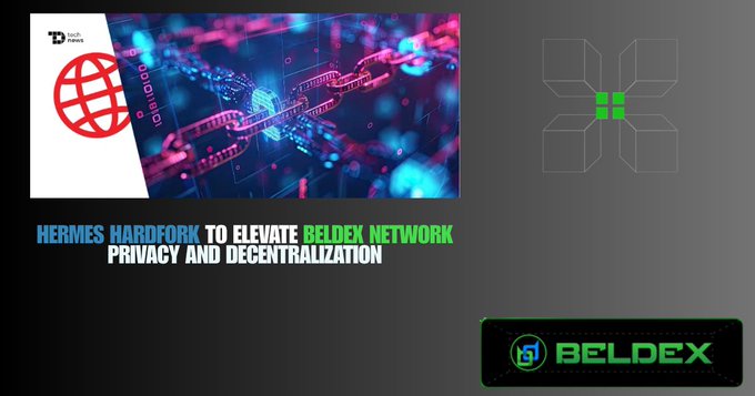 A graphic titled 'HERMES HARDFORK TO ELEVATE BELDEX NETWORK PRIVACY AND DECENTRALIZATION' with a 'DeFi' globe logo and the Beldex cryptocurrency branding.
