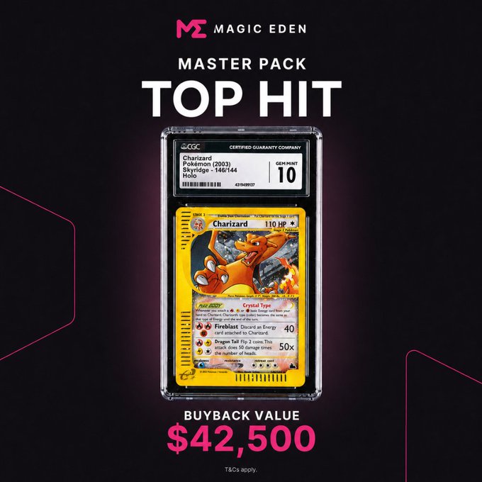 The image features a Pokemon trading card, which has been rendered in yellow with orange accents. The Pokemon depicted on the card is a dragon type Pokemon. The background of the image is black, providing a stark contrast that makes the Pokemon card stand out. Below the card, there's text that reads "Master Pack Top Hit" and "buyback value $42,500". This suggests that the trading card is part of a Master Pack, which includes a top hit item from the Pokemon series. The post also mentions that the card can be used for in-game purchases at a rate of $42,500.