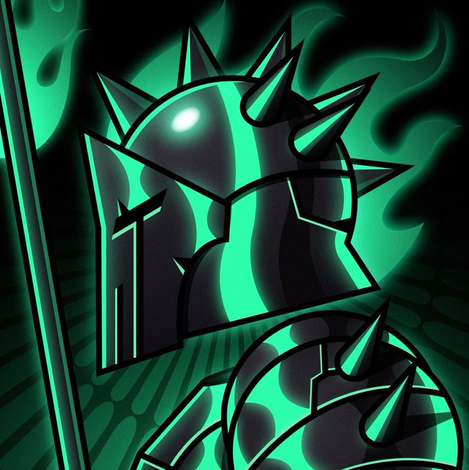Geometric character illustration of a dark, spiky helmeted figure rendered in green and black tones, resembling stylized armor.