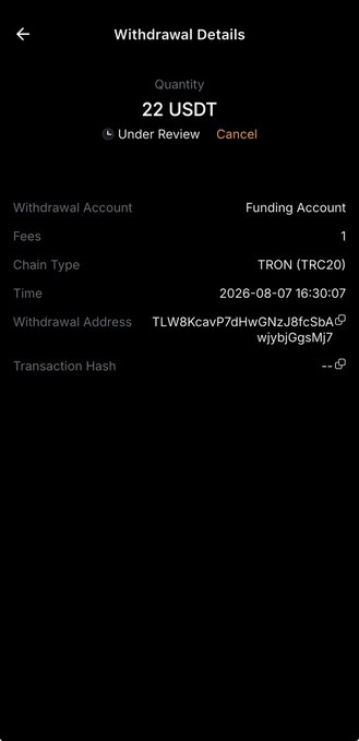 The image shows a "Withdrawal Details" screen confirming a pending withdrawal of 22 USDT via the TRON (TRC20) network, currently marked "Under Review" with the option to cancel. The transaction, dated 2026-08-07 16:30:07, appears to be the reward being sent to the follower mentioned in the post, though the transaction hash has not yet been generated, indicating the funds have not yet been broadcast on-chain.