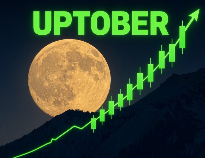 A large glowing moon rises behind silhouetted mountains beneath the bold green text "UPTOBER," with an ascending green candlestick chart and arrow tracing upward across the right side — visually capturing the optimistic "Uptober" crypto rally sentiment wished upon XRP holders in the accompanying post.