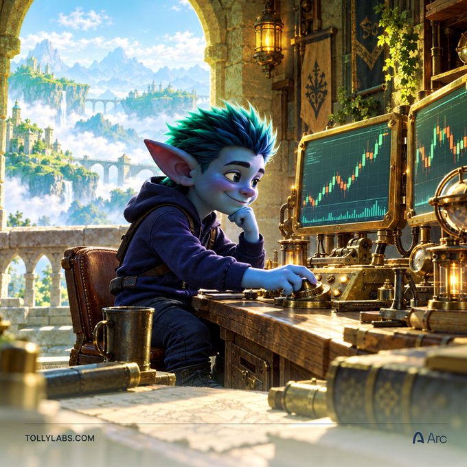 A fantasy illustration of a blue-skinned elf-like character with teal hair sitting at an ornate wooden desk in a stone tower, viewing candlestick financial charts on multiple screens, with a mountain landscape visible through the window; watermarked 'TOLLYLABS.COM' and 'Arc'.
