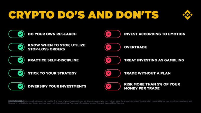 An infographic titled 'CRYPTO DO'S AND DON'TS' listing five positive actions in green checkmarks (e.g., 'DO YOUR OWN RESEARCH') and five negative actions in red X marks (e.g., 'INVEST ACCORDING TO EMOTION'), with a Binance risk warning at the bottom.
