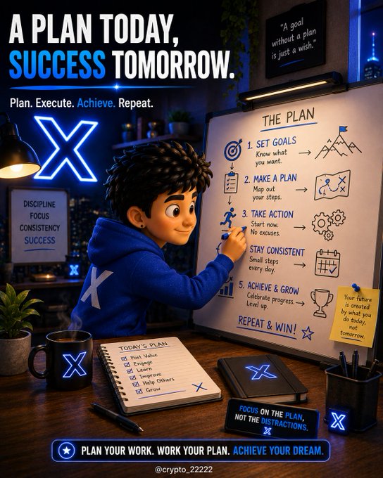 A young boy in a blue hoodie writes on a whiteboard titled "THE PLAN," listing five steps from "Set Goals" to "Repeat & Win," alongside motivational phrases like "A PLAN TODAY, SUCCESS TOMORROW" and "FOCUS ON THE PLAN, NOT THE DISTRACTIONS," with a glowing blue "X" logo throughout—visually reinforcing the message that small, consistent daily actions lead to big results.