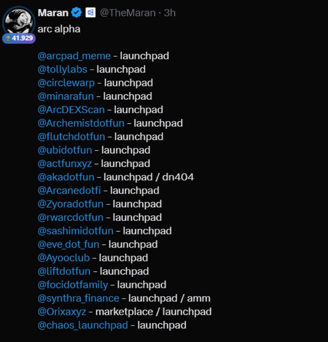 A tweet by Maran (@TheMaran) listing numerous crypto projects (such as @arcpad_meme, @tollylabs, @circlewarp) along with their category, mostly 'launchpad'.