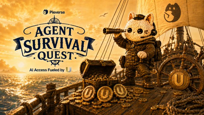 The image features a cartoon cat dressed as a pirate with a hat and an eye patch, standing on a ship surrounded by gold coins. The text "Agent Survival Quest" is displayed above the cat, indicating that this is a video game or adventure setting. The caption below the image reads "AI Agents don' use credit cards, they use $U to top up access", suggesting that players need to pay with $U in order to continue their journey through the Agentic Commerce system.