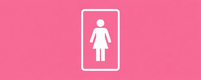 A simple white icon of a female figure representing a women's restroom sign on a pink background.