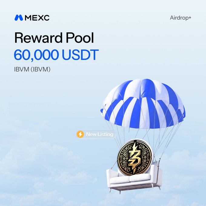 MEXC Airdrop+ promotional graphic advertising a 60,000 USDT reward pool for the IBVM token (IBVM), featuring the IBVM coin descending by parachute onto a couch, marking it as a new listing on the exchange.