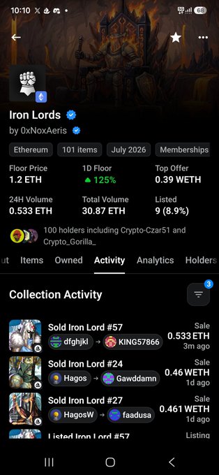 A mobile screenshot of an NFT collection page for "Iron Lords" by 0xNoxAeris on the Ethereum network, showing a 1.2 ETH floor price and recent sale activity.