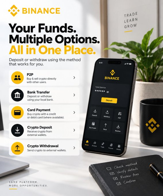 A Binance promotional image displays the tagline "Your Funds. Multiple Options. All in One Place" alongside a smartphone showing the app's deposit interface and a list of funding methods including P2P, Bank Transfer, Card Payment, Crypto Deposit, and Crypto Withdrawal, with a checklist in the corner reminding users to "Check method, Verify details, Review fees, Confirm."

The image visually reinforces the post's message by laying out all the available funding options in one clear view, while the checklist subtly mirrors the idea that "the method can change, but the checks shouldn't."