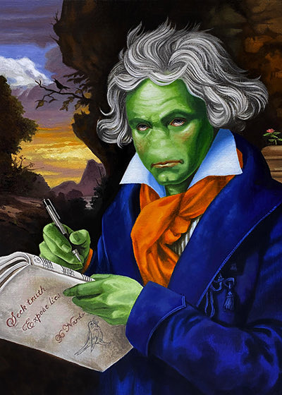 A portrait of a green-skinned figure with wild white hair, dressed in period clothing, writing in an open book with a quill pen, rendered in a classical painting style.