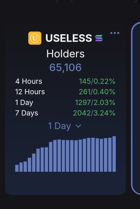 A cryptocurrency/token dashboard for 'USELESS' showing 65,106 holders with growth metrics: 145/0.22% (4 hours), 261/0.40% (12 hours), 1,297/2.03% (1 day), and 2,042/3.24% (7 days), displayed with a blue bar chart.