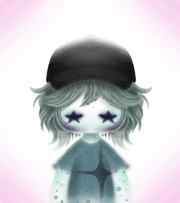 A soft, dreamy digital illustration of a pale character with messy grayish hair, a black cap, and star-shaped purple eyes, wearing a dark hoodie against a pink and white gradient background.
