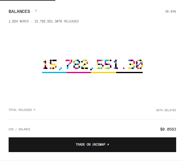 Screenshot of the Balances NFT page showing “1,624 WORKS,” “15,782,551.3076 RELEASED,” and a “TRADE ON UNISWAP” button. The balance is displayed as “$0.0563,” corresponding to the instructions for claiming and trading the BALANCE NFT.