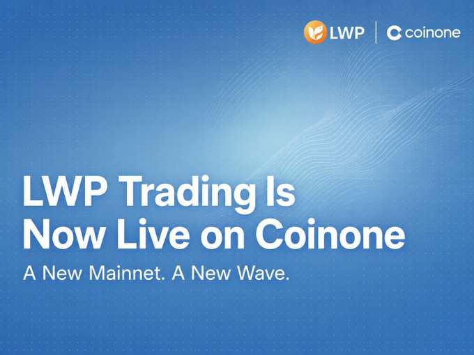 A blue promotional image announcing 'LWP Trading Is Now Live on Coinone' with the tagline 'A New Mainnet. A New Wave.' and logos for LWP and Coinone.