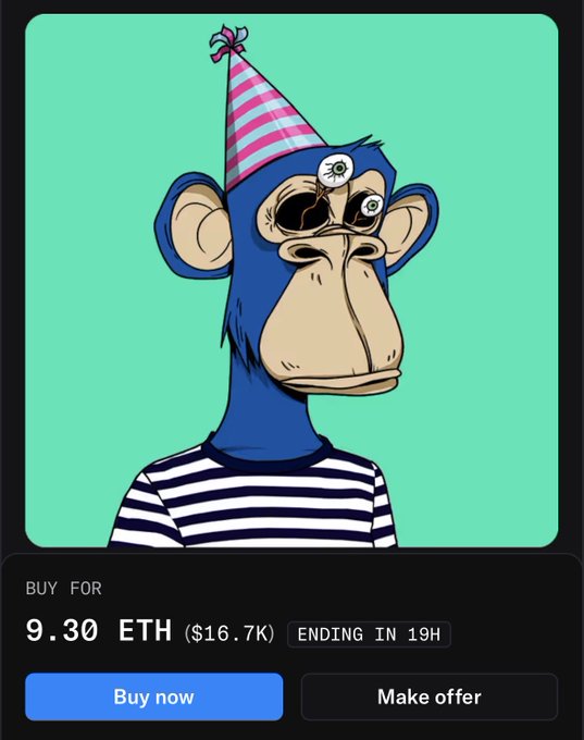 The image shows a graphic of a cartoon monkey with a party hat sitting against an abstract blue background. There are two buttons visible in the image - one labeled "9.30eth" which could be a website address, and another button that reads "Make Offer". The message on the image mentions a "Forever BAYC" that may indicate a limited-time offer or promotion.