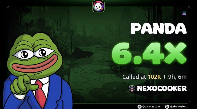 A Pepe the Frog meme character points at a promotional graphic celebrating a 6.4x gain on the $PANDA token, called at 102K by user "NEXOCOOKER" on the @phanes_bot platform. The image reinforces the post's boast about a profitable trade, emphasizing the boastful "we always win" sentiment with the smug cartoon character.
