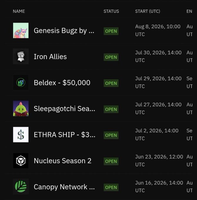 A table lists seven open campaigns in the Nucleus ecosystem with their start dates in UTC, including Genesis Bugz by unvault (Aug 8), Iron Allies (Jul 30), Beldex - $50,000 (Jul 29), Sleepagotchi Season (Jul 27), ETHRA SHIP - $3... (Jul 2), Nucleus Season 2 (Jun 23), and Canopy Network (Jun 16), highlighting the newest Genesis Bugz addition and Nucleus Season 2 mentioned in the post.