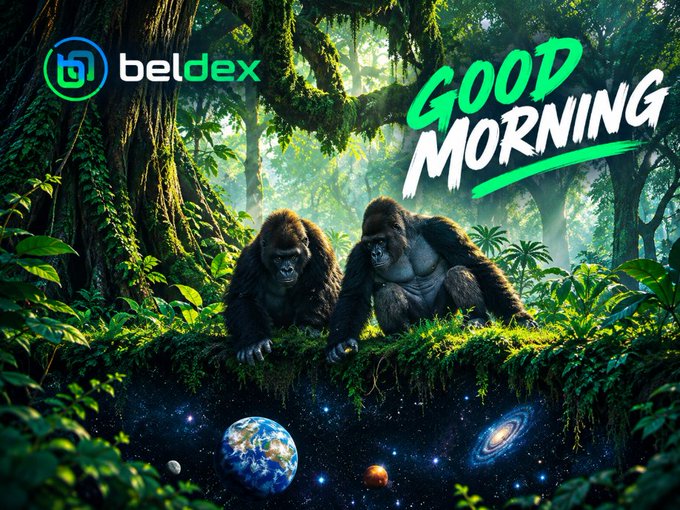 A Beldex 'Good Morning' promotional image featuring two gorillas sitting in a lush jungle with cosmic elements like Earth and galaxies visible below them.