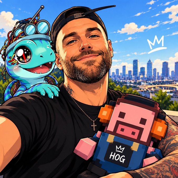 A digital illustration shows a smiling man with a backward cap and tattoos holding a pink cartoon pig wearing a hoodie labeled 'HOG', accompanied by a blue robot-like creature with goggles.