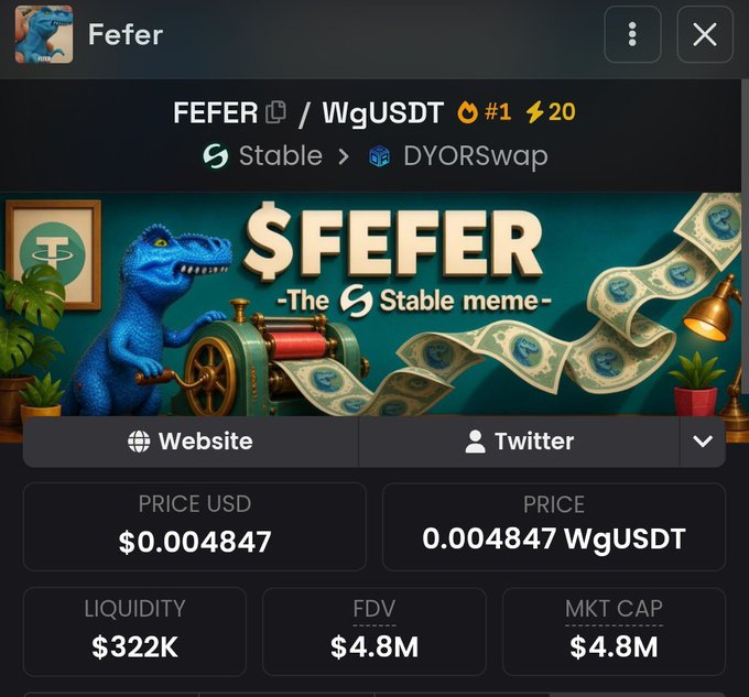 A trading interface displays $FEFER token statistics on the DYORSwap exchange, showing a price of $0.004847 USD, liquidity of $322K, and a market cap of $4.8M, with rank #1 and 20 holders. The image supports the post's claim that the price drop presents a buying opportunity for $FEFER, currently the top-ranked stable meme token.