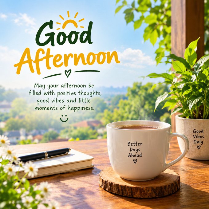 A cheerful 'Good Afternoon' greeting graphic showing a coffee mug labeled 'Better Days Ahead' beside a 'Good Vibes Only' planter on a wooden table.