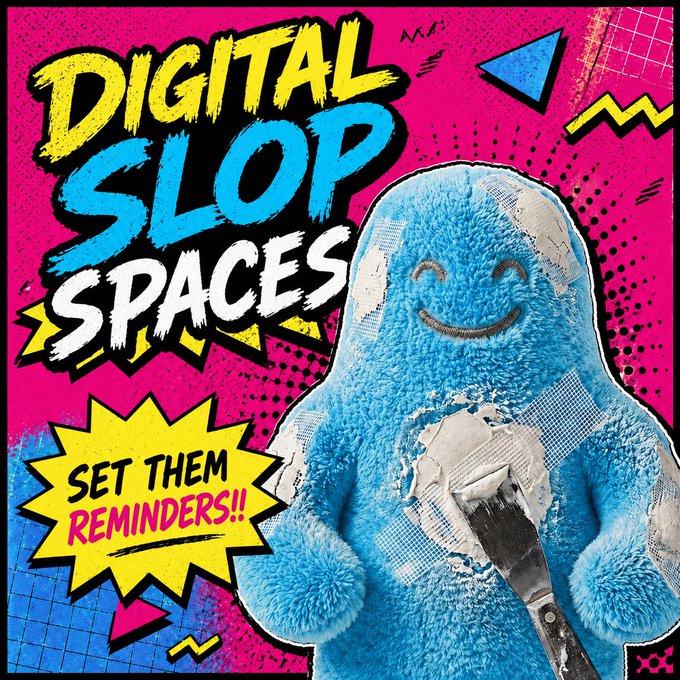 The image features a blue stuffed animal with a smiley face, sitting next to a pink background that has a comic book style design. The text "Digital Slop Spaces" is written above the stuffed animal, and there are two more lines of text below it that read "set them reminders!".
