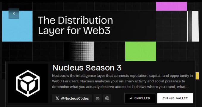 Web3 platform interface for 'Nucleus Season 3' advertised as 'The Distribution Layer for Web3', showing the user @NucleusCodes is enrolled, describing Nucleus as the intelligence layer connecting reputation, capital, and opportunity in Web3 through on-chain activity and social presence analysis.