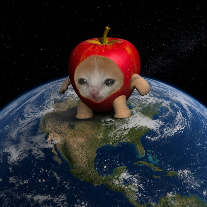 The image features an apple that has been cut up into pieces and is wearing a costume of a cat, giving it a cute and funny appearance. The apple is standing on top of the earth with its head sticking out from the top left corner. The caption below the image reads "I can smell the apple in the air Everyone already love the cat Now that the artist launched it himself and is actively creating art for it, vibing, locking supplies and having fun We are about to see what a legendary true cat + true meme can do Official Apple Cat".
