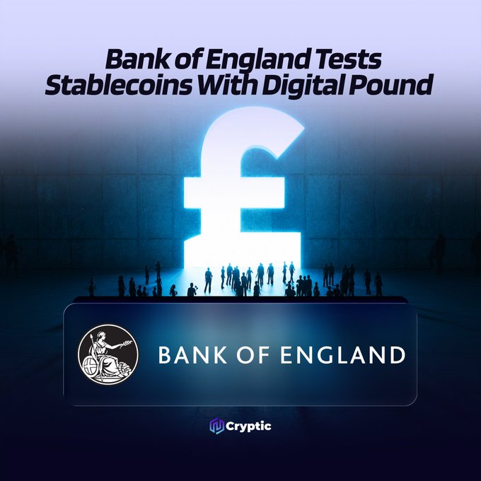 The image features the headline "Bank of England Tests Stablecoins With Digital Pound," accompanied by a large glowing pound symbol (£), silhouetted figures, and the Bank of England logo—all of which visually reinforce the post's update about the Digital Pound Lab entering Phase 2 to explore interoperability between stablecoins and a potential digital pound for cross-border payments with partners including Polygon, NOBO Finance, and Dun & Bradstreet.