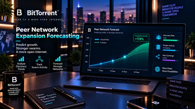 A promotional image for BitTorrent displaying a laptop with a 'Peer Network Expansion Forecasting' chart predicting +178% growth, alongside text 'Predict growth. Stronger swarms. A more open internet.'
