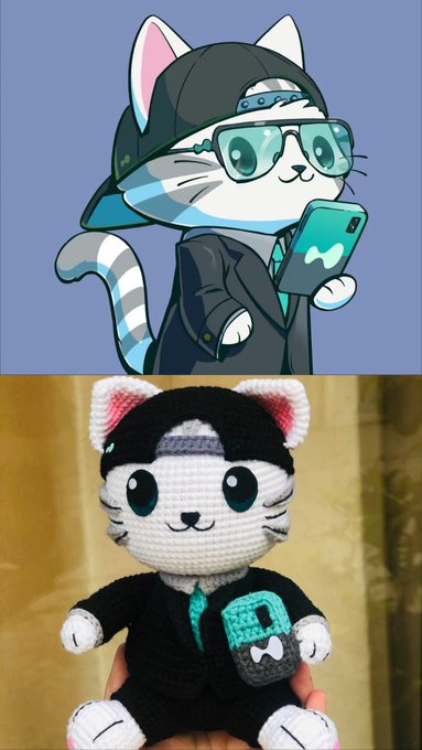 A side-by-side comparison showing a cartoon cat wearing a black coat, glasses, and holding a phone, above a photo of a crocheted amigurumi plush of the same character design.