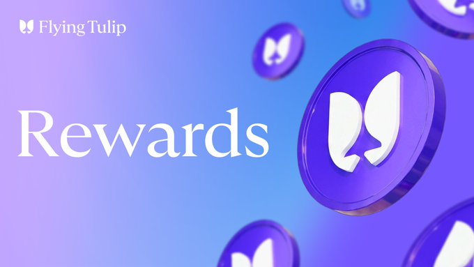 A promotional graphic for "Flying Tulip" featuring the word "Rewards" alongside floating 3D purple coin tokens branded with the Flying Tulip tulip logo, visually reinforcing the message of a newly launched points-based rewards system where users can accrue redeemable benefits over time.