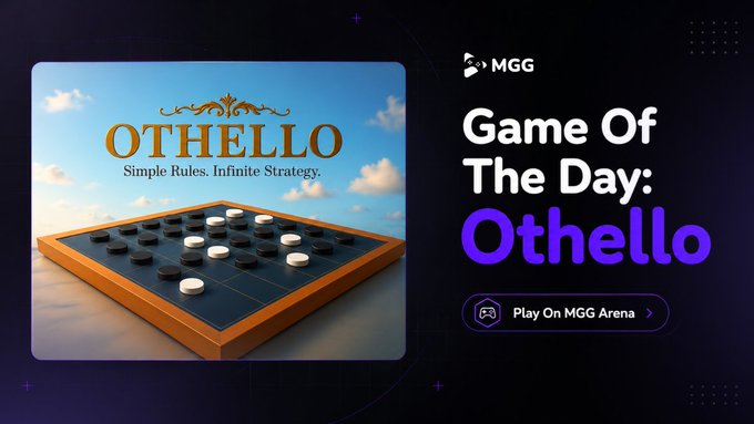 A promotional graphic featuring the classic strategy game Othello, displaying the tagline "Simple Rules. Infinite Strategy." alongside an image of the game board. The image is branded with the MGG logo and "Game Of The Day: Othello" text, with a "Play On MGG Arena" call-to-action button, directly aligning with the post's promotion of Othello as part of the MGG Arena lineup.