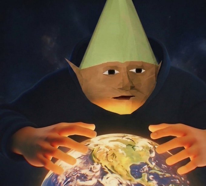 A low-poly 3D rendering of a character with a pointed green party hat reaching both hands toward Earth against a dark starry space background.