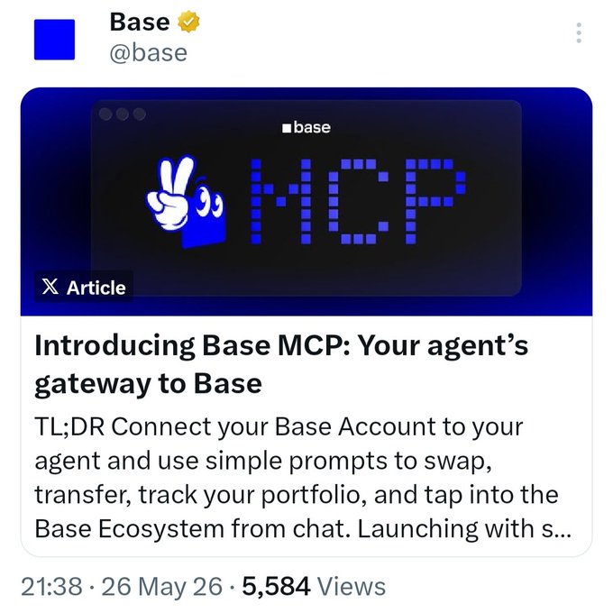 The image shows a social media post with a blue background, featuring a white banner that says "Base MCPC" at the top. Below this, there are two lines of text discussing the new Base MCPC token. The first line reads "Introducing Base MCPC: Your agent's gateway to Base", while the second line states "Connect your Base Account to your Agent's account and use simple prompts to swap, track your portfolio, and tap into the Base ecosystem from chat."