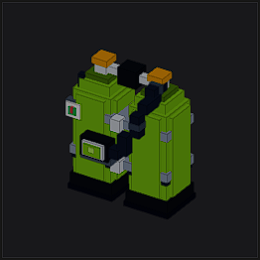 A low-poly 3D voxel model of a green binoculars-like device with orange accents and a black strap on a dark background.