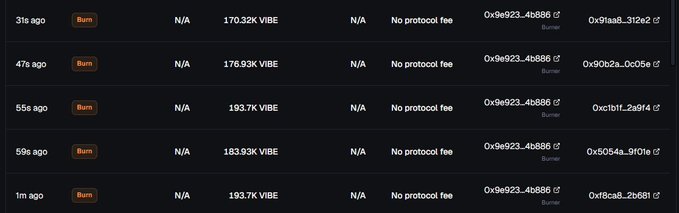 A dark-themed transaction log displaying recent 'Burn' events for $VIBE tokens, showing amounts ranging from 170.32K to 193.7K VIBE along with transaction hashes.