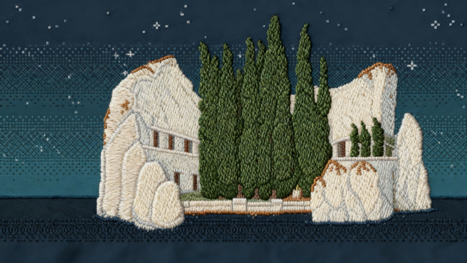 An embroidery artwork depicting white classical buildings with cypress trees in the center, set against a dark blue night sky with star patterns, stitched in a thread-painting style.