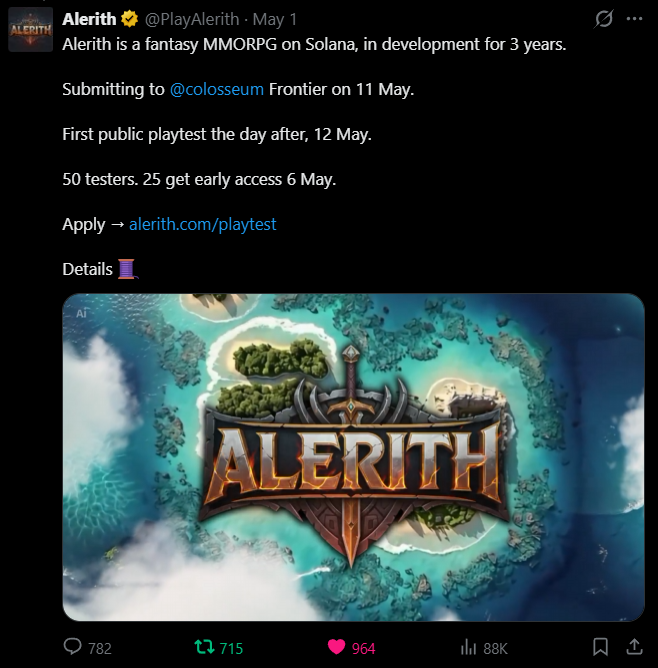 The image shows a tweet from Alerith (@PlayAlerith) announcing their fantasy MMORPG on Solana, which has been in development for 3 years, with details about an upcoming submission to @colosseum Frontier on May 11, a public playtest on May 12, and 50 tester spots (25 with early access May 6) available at alerith.com/playtest, accompanied by a tropical island game artwork. The post highlights the engagement Alerith received but questions why they weren't in the top 10% of Colosseum Frontier winners, seeking judge feedback while promoting Alerith as a top MMORPG on Solana.