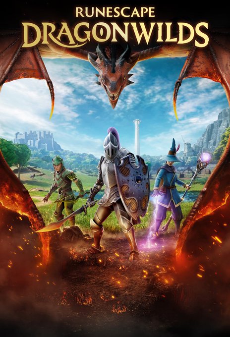 Promotional artwork for "RuneScape Dragonwilds" features three armored adventurers—a warrior with sword and shield, a ranger, and a mage wielding glowing purple magic—standing defiantly as a massive dragon looms above them against a fantasy landscape. The image represents the game whose dedicated hosting rapidly scaled to over 600 servers on the RunOnFlux network in under two weeks.