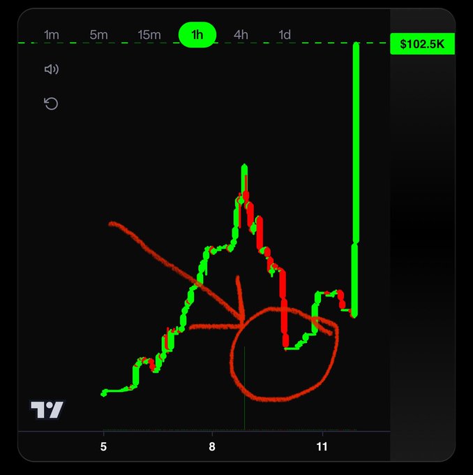 A dark-themed financial trading chart with a 1h timeframe shows a sharp green price spike reaching $102.5K, marked with a red hand-drawn circle and an arrow.