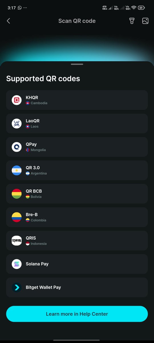 A mobile app screen titled 'Scan QR code' displaying a 'Supported QR codes' list, including KHQR (Cambodia), LaoQR (Laos), QPay (Mongolia), QR 3.0 (Argentina), QR BCB (Bolivia), Bre-B (Colombia), QRIS (Indonesia), Solana Pay, and Bitget Wallet Pay, with a 'Learn more in Help Center' button.