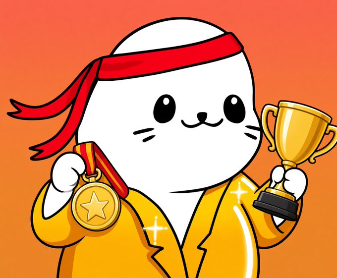 Cartoon illustration of a cute white character wearing a red headband and yellow jacket, holding a gold medal in one hand and a golden trophy in the other against an orange background.