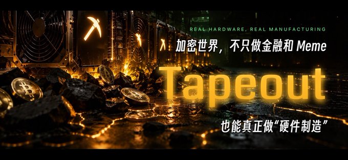 A dark, fiery banner with Chinese and English text including 'REAL HARDWARE, REAL MANUFACTURING', '加密世界, 不只做金融和 Meme', and a large glowing 'Tapeout' headline.
