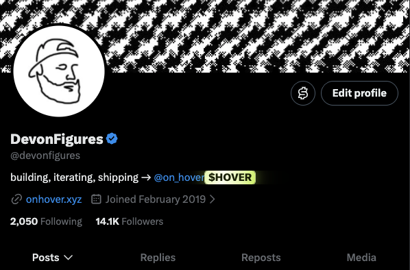 A Twitter/X profile for DevonFigures (@devonfigures) with bio text "building, iterating, shipping → @on.hover SHOVER", showing onhover.xyz, joined February 2019, 14.1K followers.