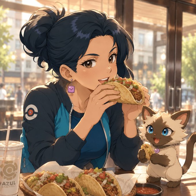 A woman with dark hair in a bun and a cute cat enjoy Taco Tuesday together at a sunny café, with visible text "AZUL" on a drink cup, matching the post's playful taco-themed greeting to NFT collections about mint times.