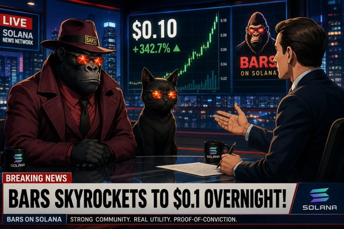 A Solana News Network broadcast shows a gorilla in a red trench coat and a black cat with glowing red eyes being interviewed about "$BARS on Solana," with on-screen graphics displaying the token's price at $0.10 (+342.7%) and a headline reading "BARS SKYROCKETS TO $0.1 OVERNIGHT!" The image visually mocks skeptics still doubting the token's massive rally, reinforcing the post's message that fading $BARS despite its explosive growth is misinformed.