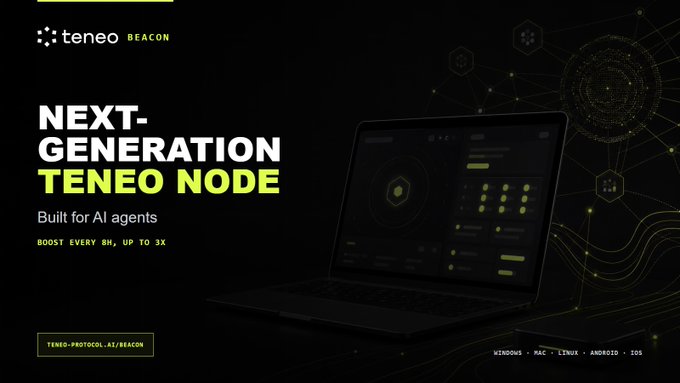 The image features a laptop computer displaying the Next Generation Teneo Node website. The background of the image is black with yellow elements placed throughout the layout, including buttons that appear to be related to the technology or the platform being showcased. The text on the screen includes information about the product and its capabilities as well as mentions of Agent Data Networks and cryptocurrency.